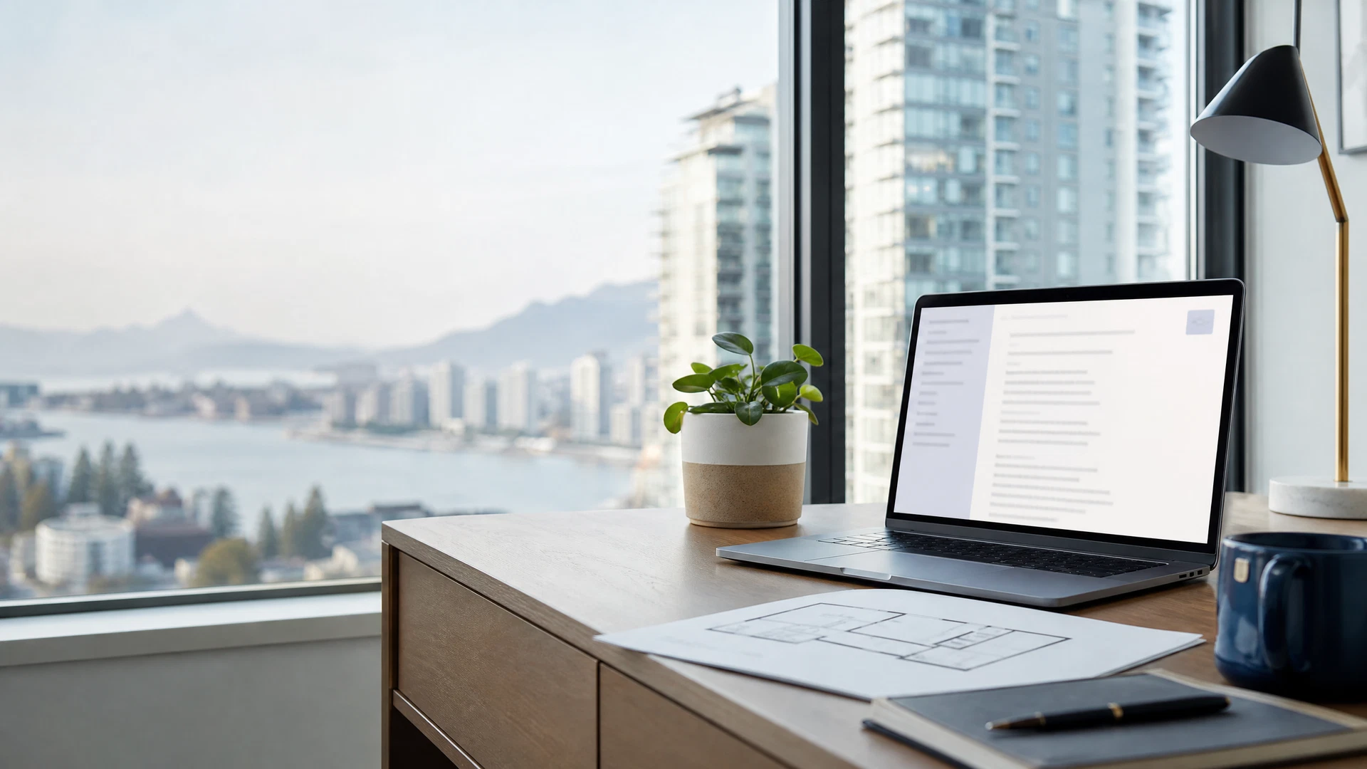 Modern rental listing workspace with laptop and condo view