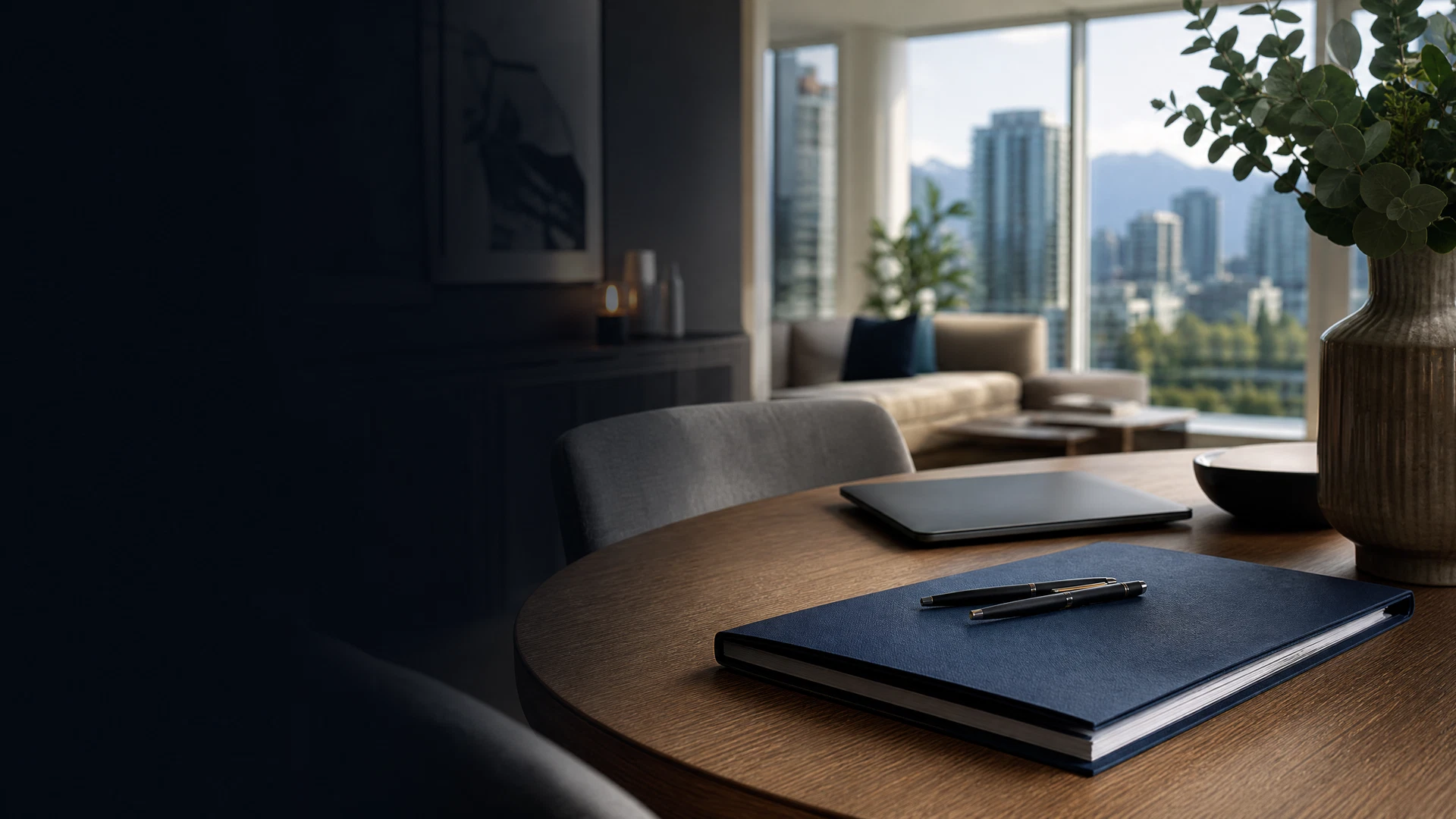 Lease folder and signature pens in a bright Vancouver condo