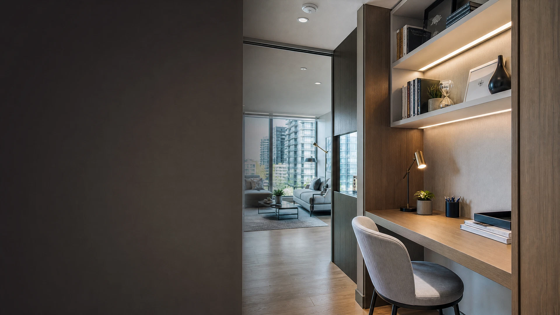 Contemporary condo den arranged as a home office