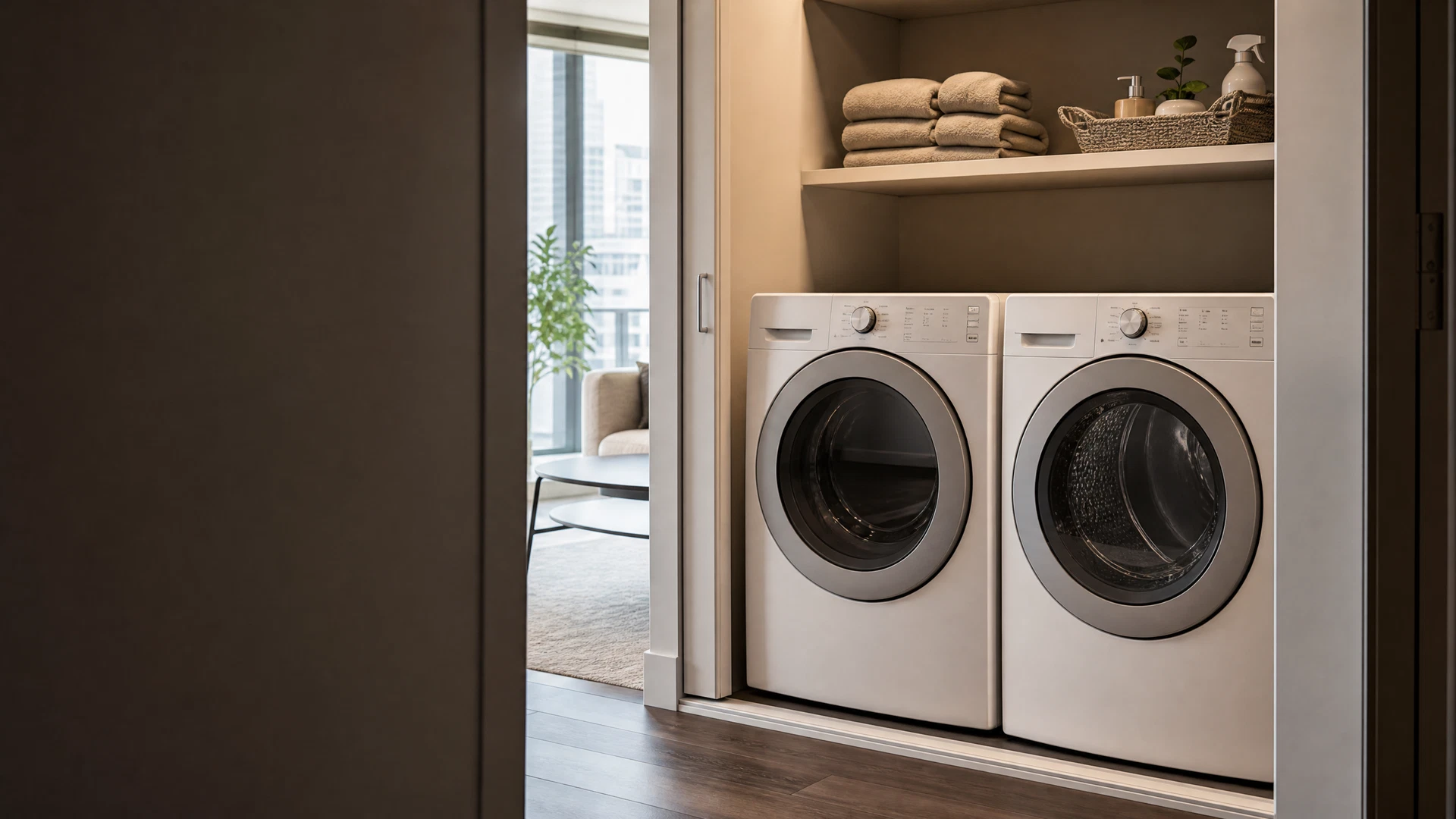 Modern in-suite laundry closet in a Vancouver condo rental