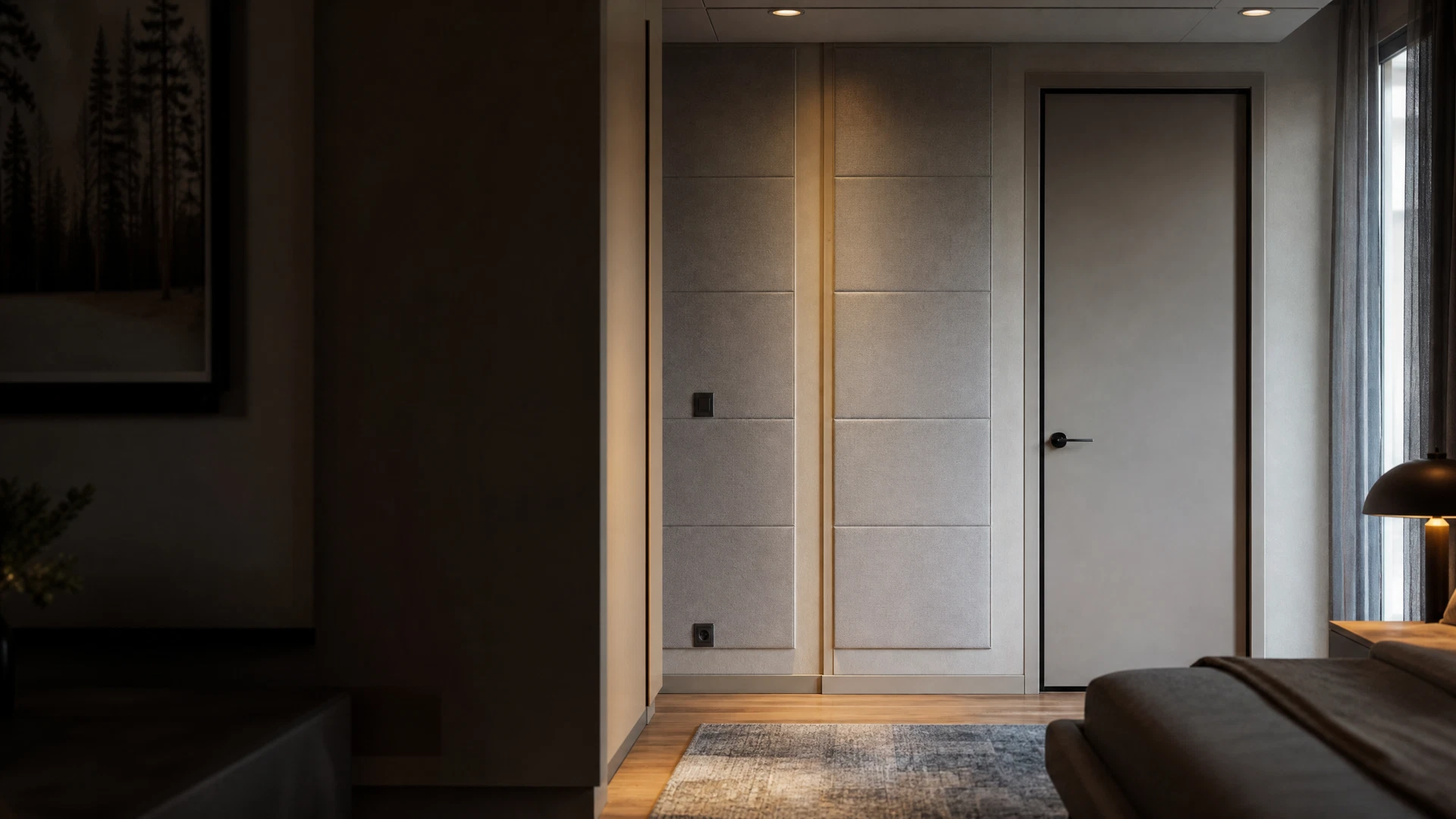 Acoustic wall panels and rug in a quiet rental interior