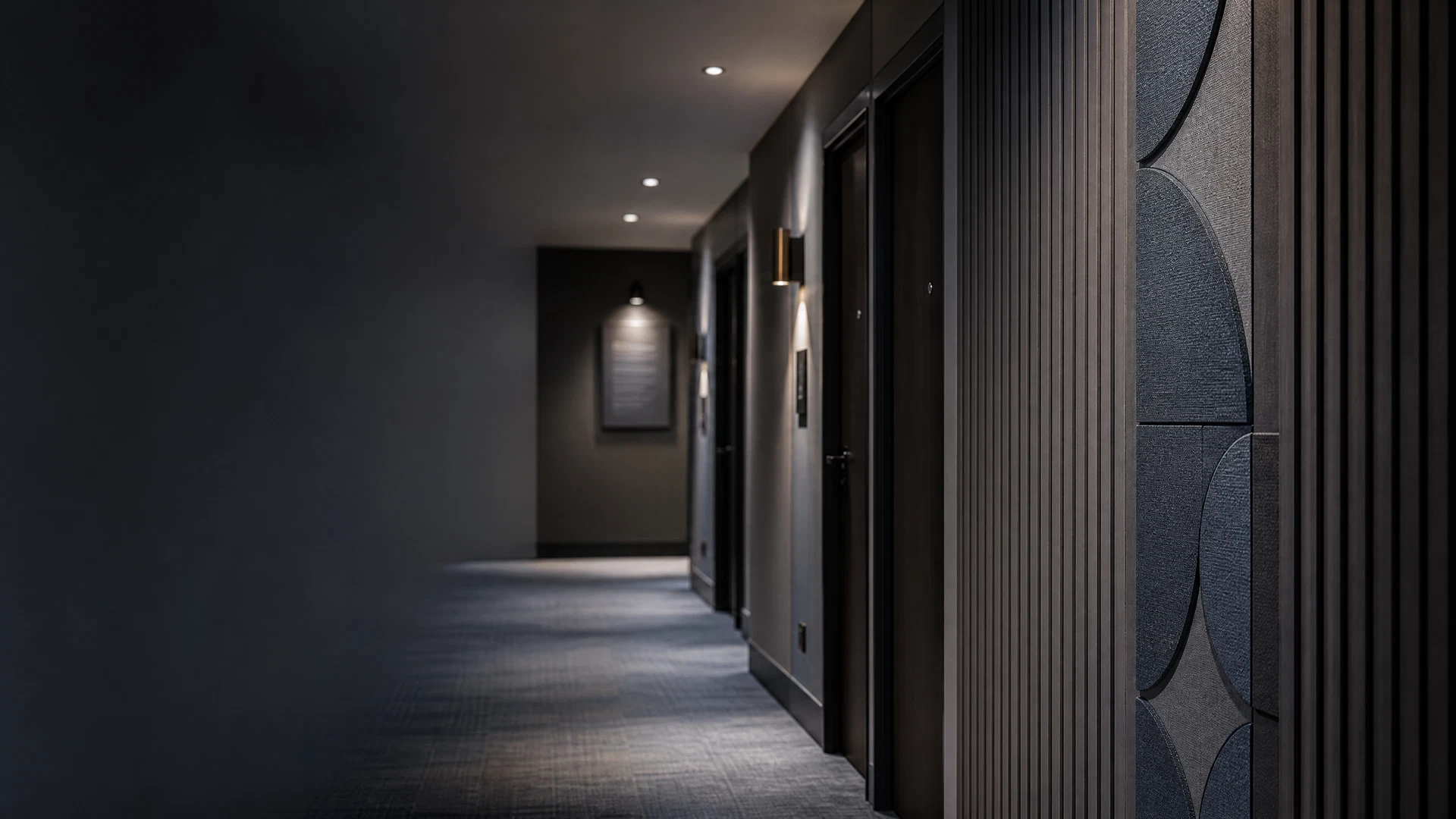 Quiet condominium hallway with acoustic wall detail