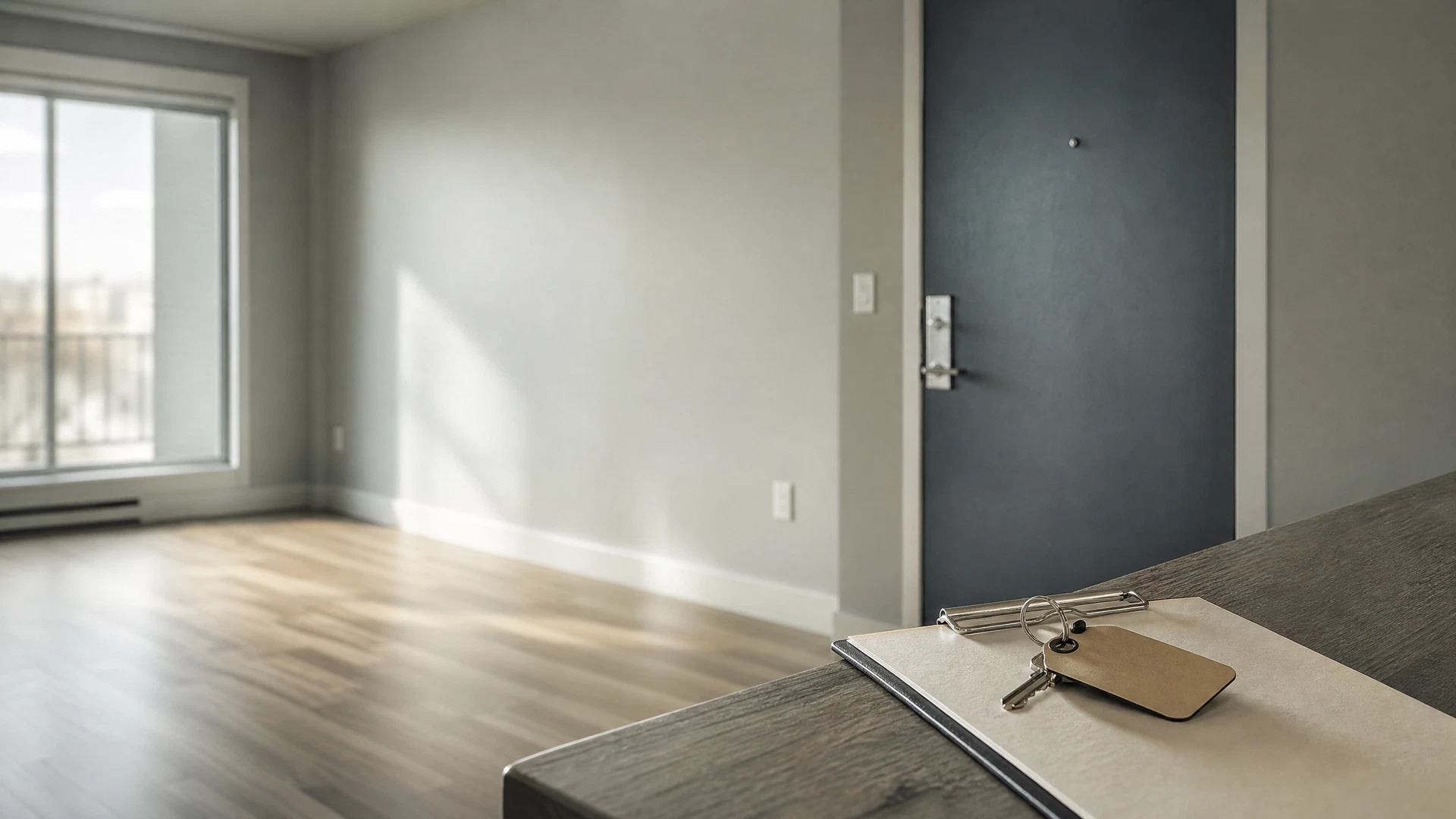 Quiet vacant apartment entry with documentation clipboard