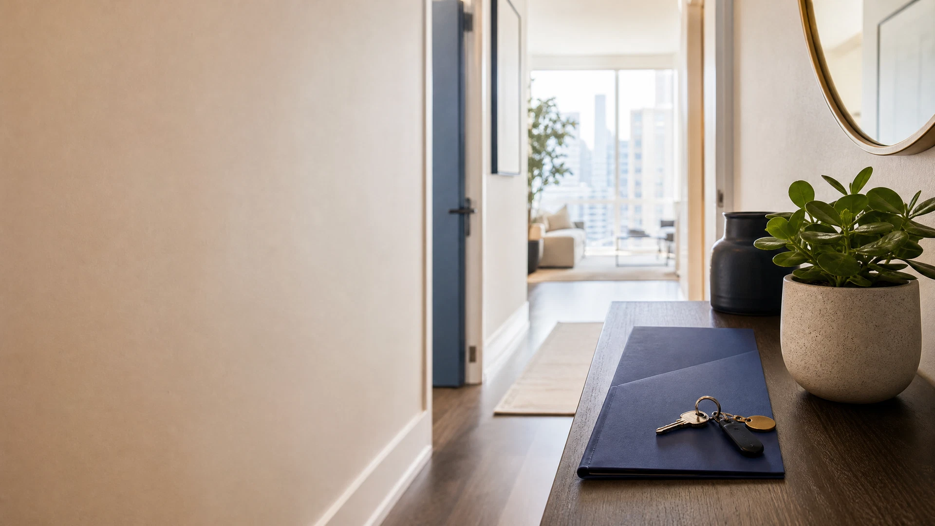 Welcome folder and keys at a clean rental apartment entry